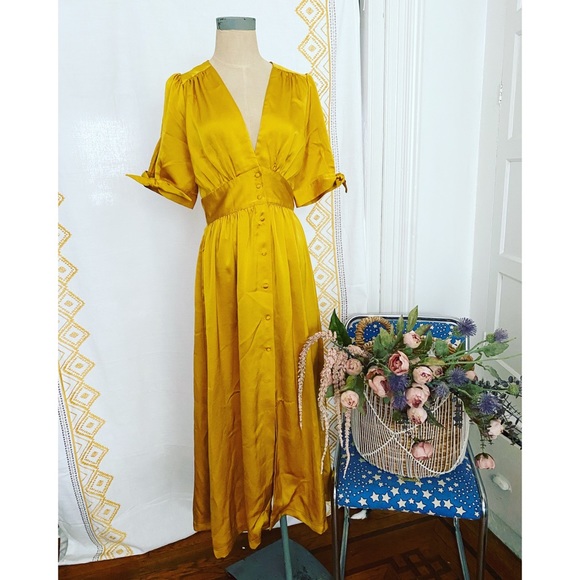 Anthropologie Dresses & Skirts - FRNCH silky golden mustard yellow dress medium